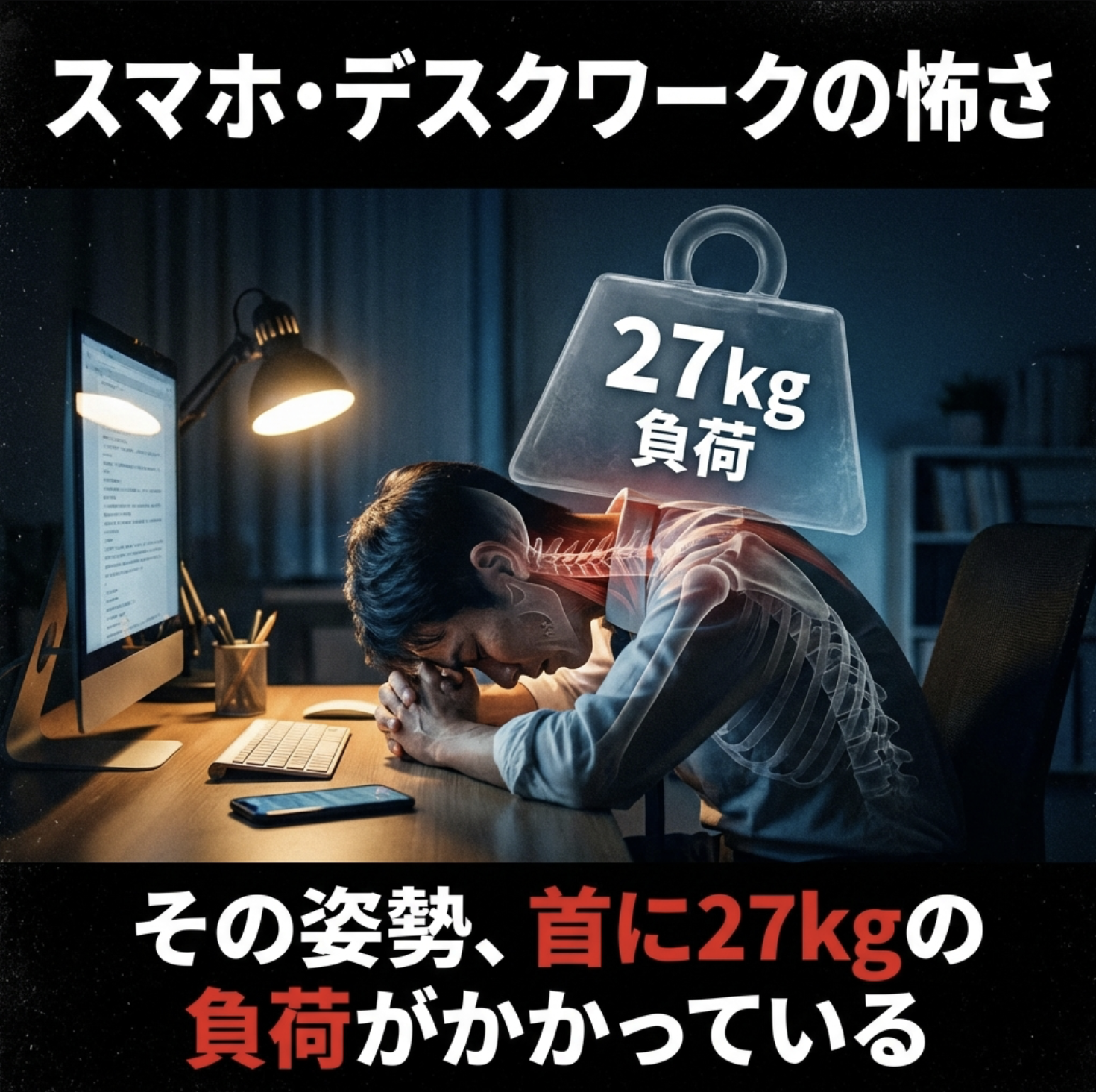スマホ・デスクワークの怖さ｜その姿勢、首に27kgの負荷がかかっている