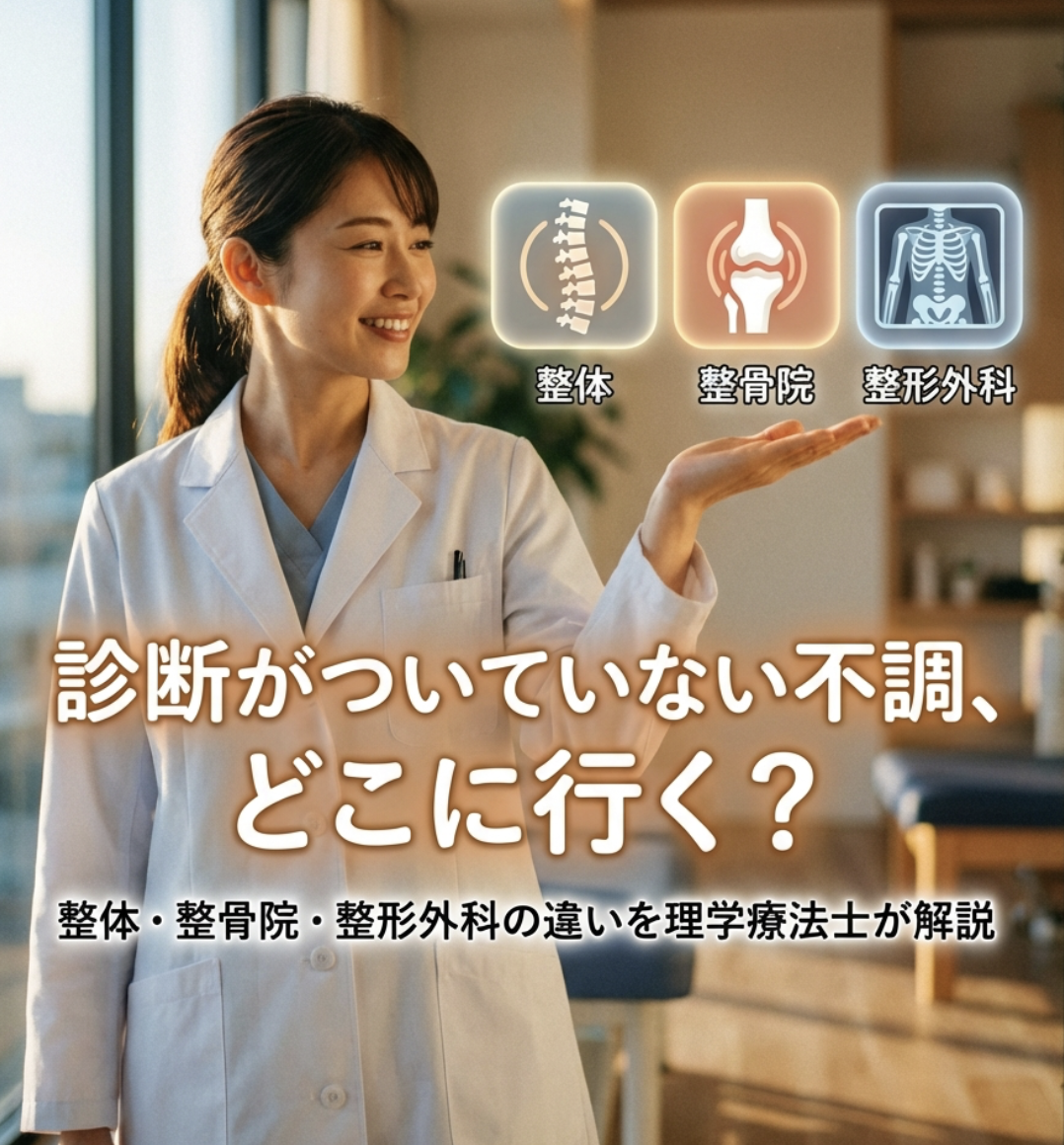 診断がついていない不調、どこに行く？整体・整骨院・整形外科の違いを理学療法士が解説
