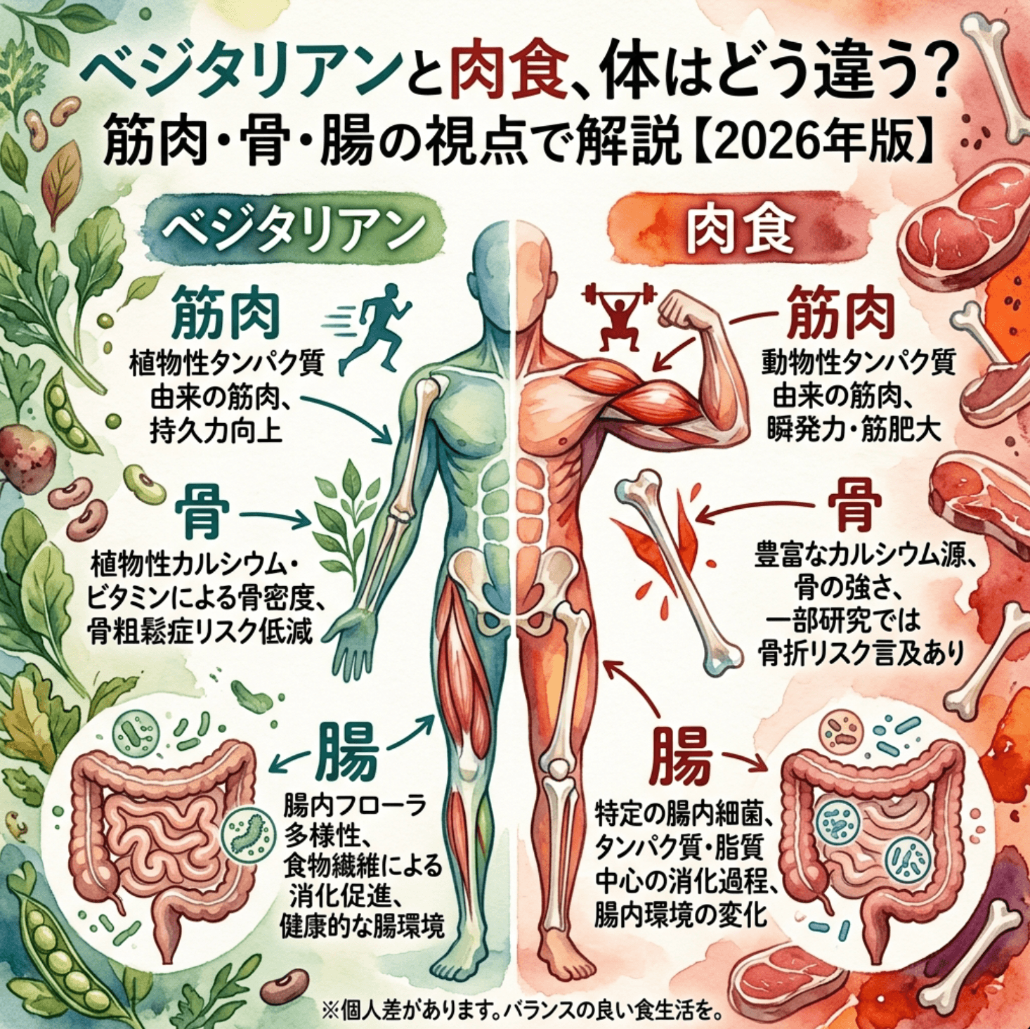 ベジタリアンと肉食、体はどう違う？筋肉・骨・腸の視点で解説【2026年版】