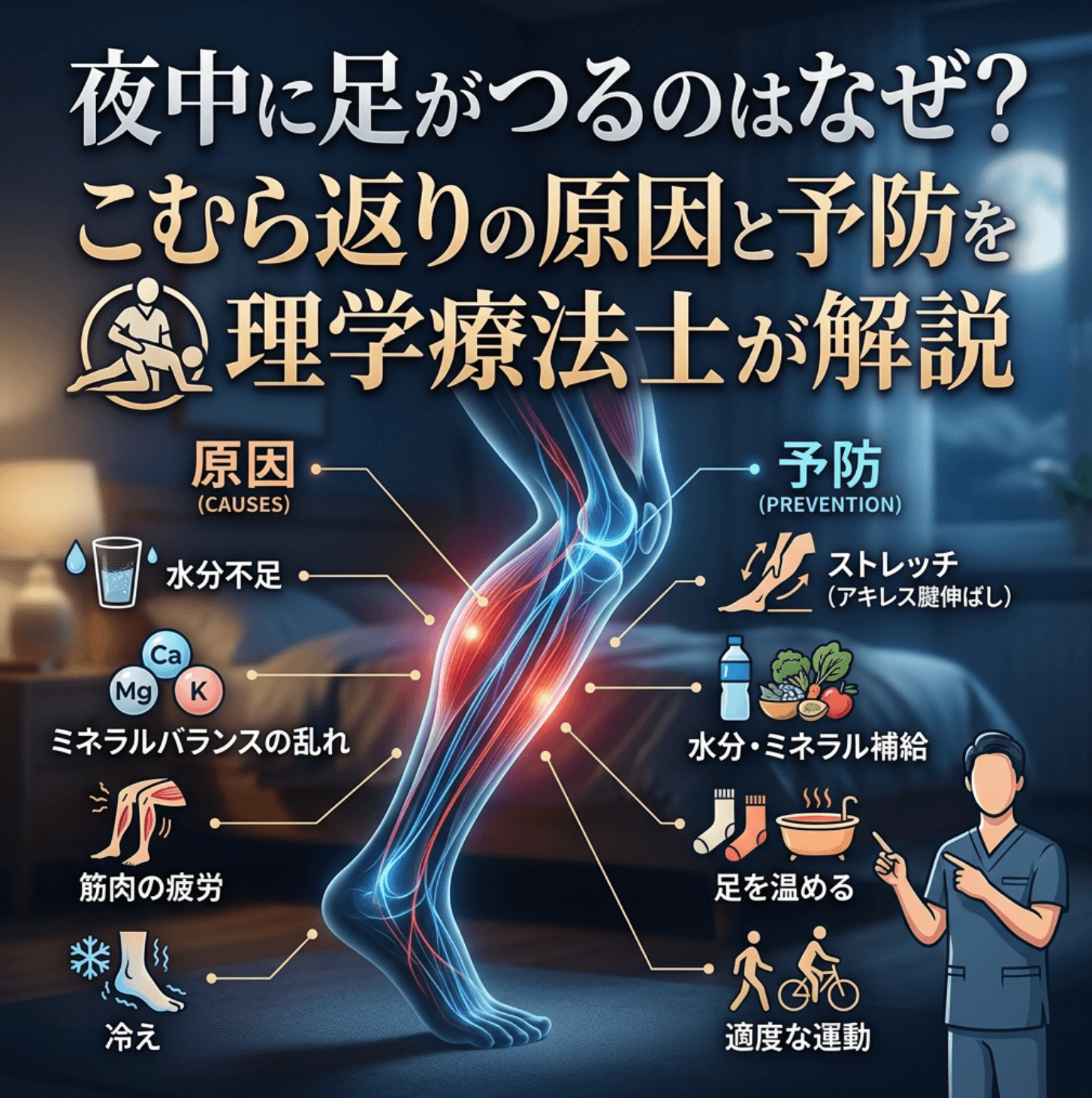 夜中に足がつるのはなぜ？こむら返りの原因と予防を理学療法士が解説