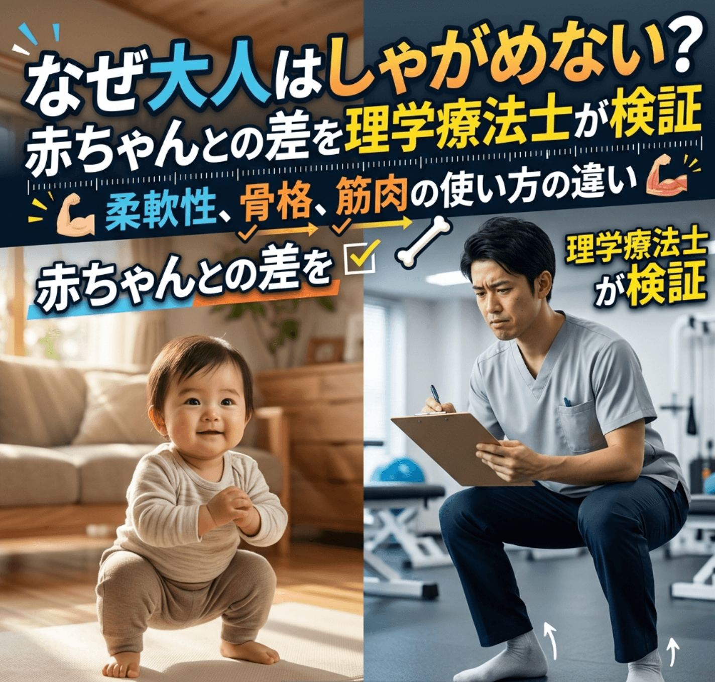 なぜ大人はしゃがめない？赤ちゃんとの差を理学療法士が検証