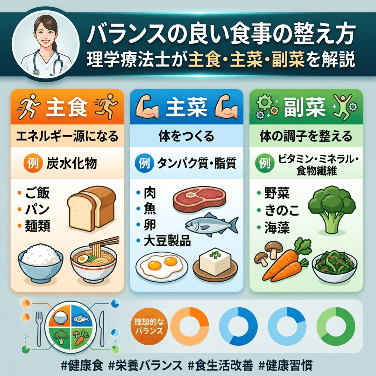 バランスの良い食事の整え方｜理学療法士が主食・主菜・副菜を解説